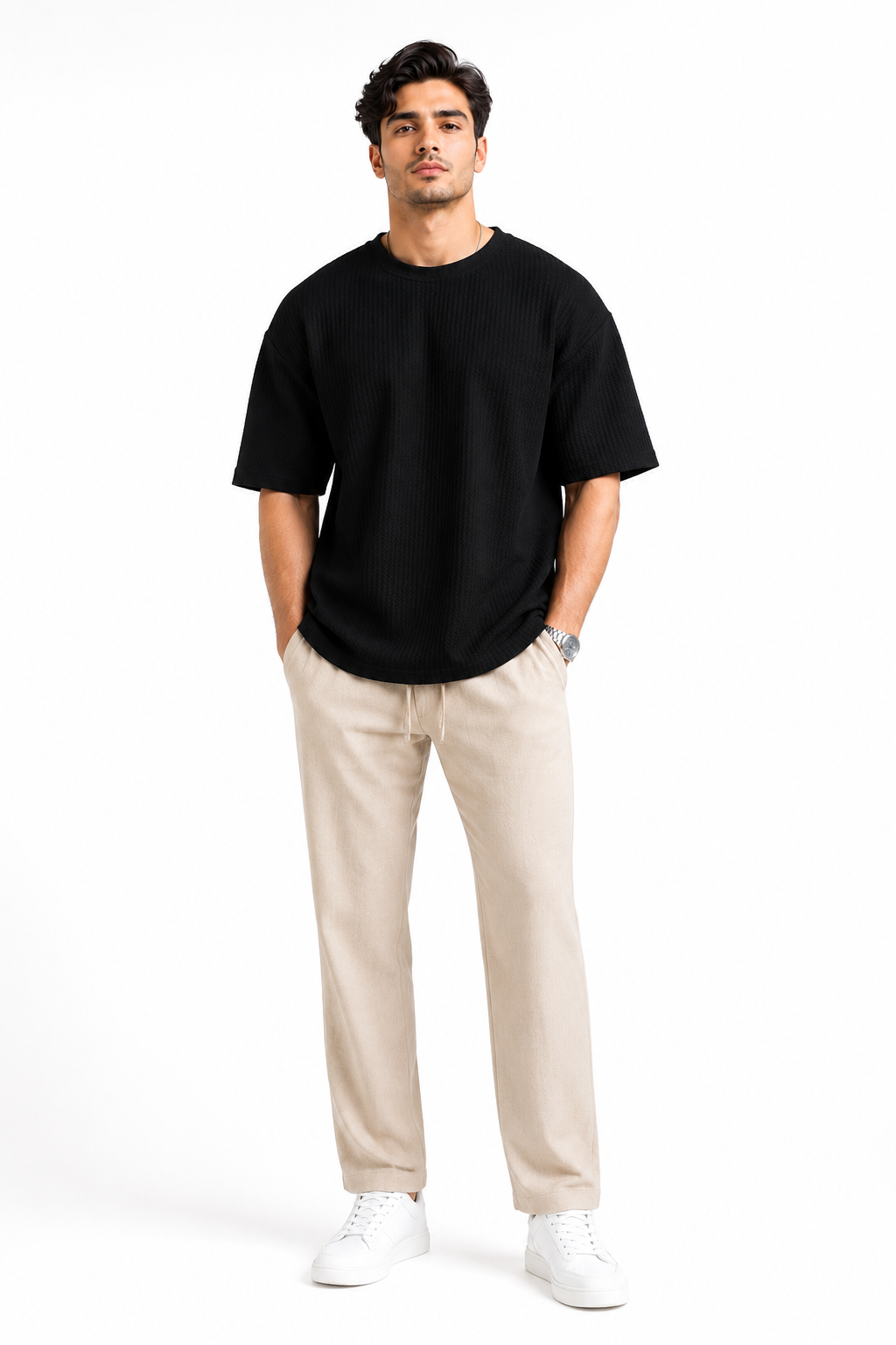 Waffle Knitted Drop Shoulder - Black