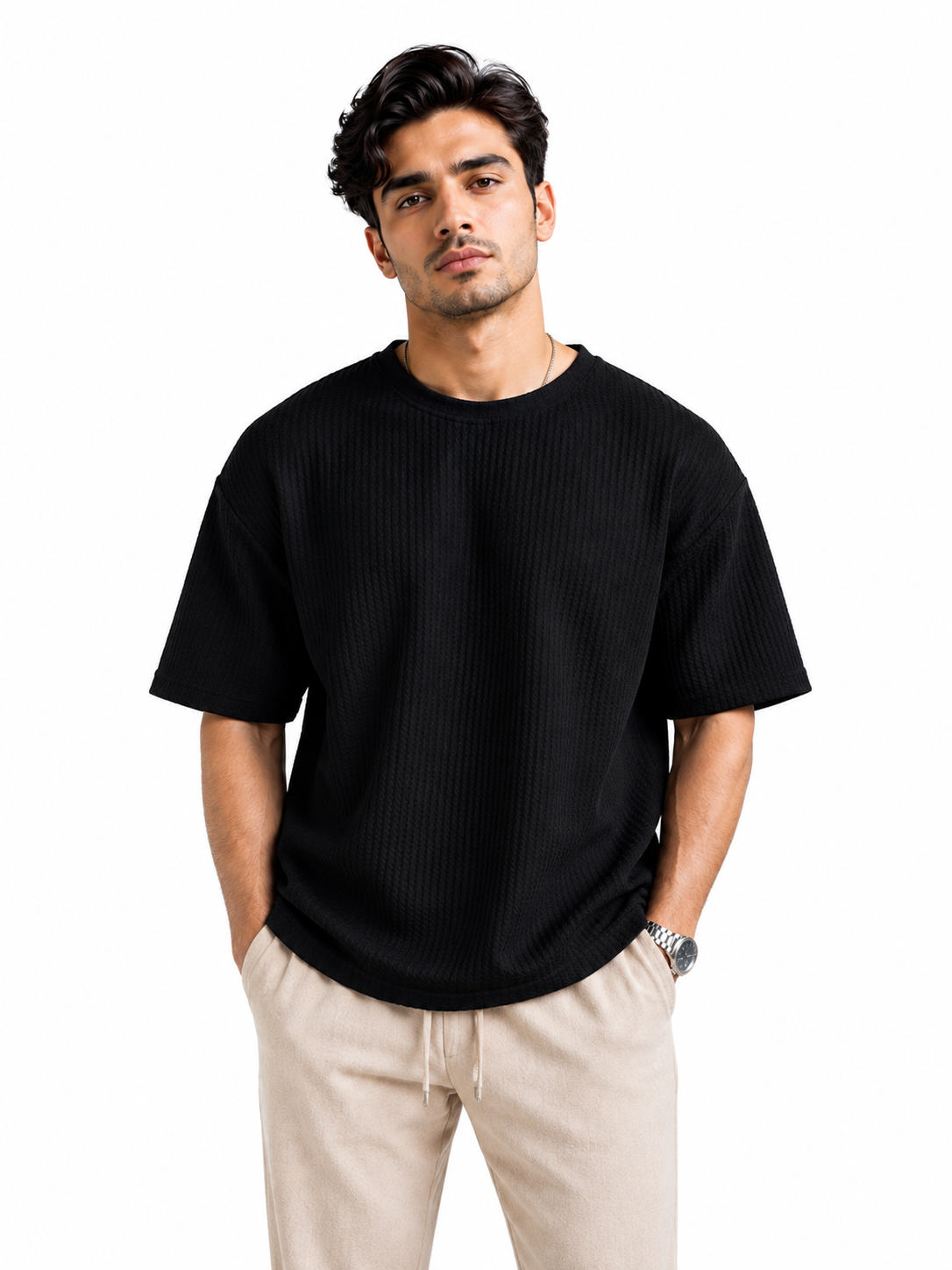 Waffle Knitted Drop Shoulder - Black