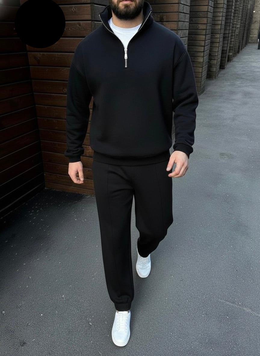 Zipper Mock Style Track Suit - Black