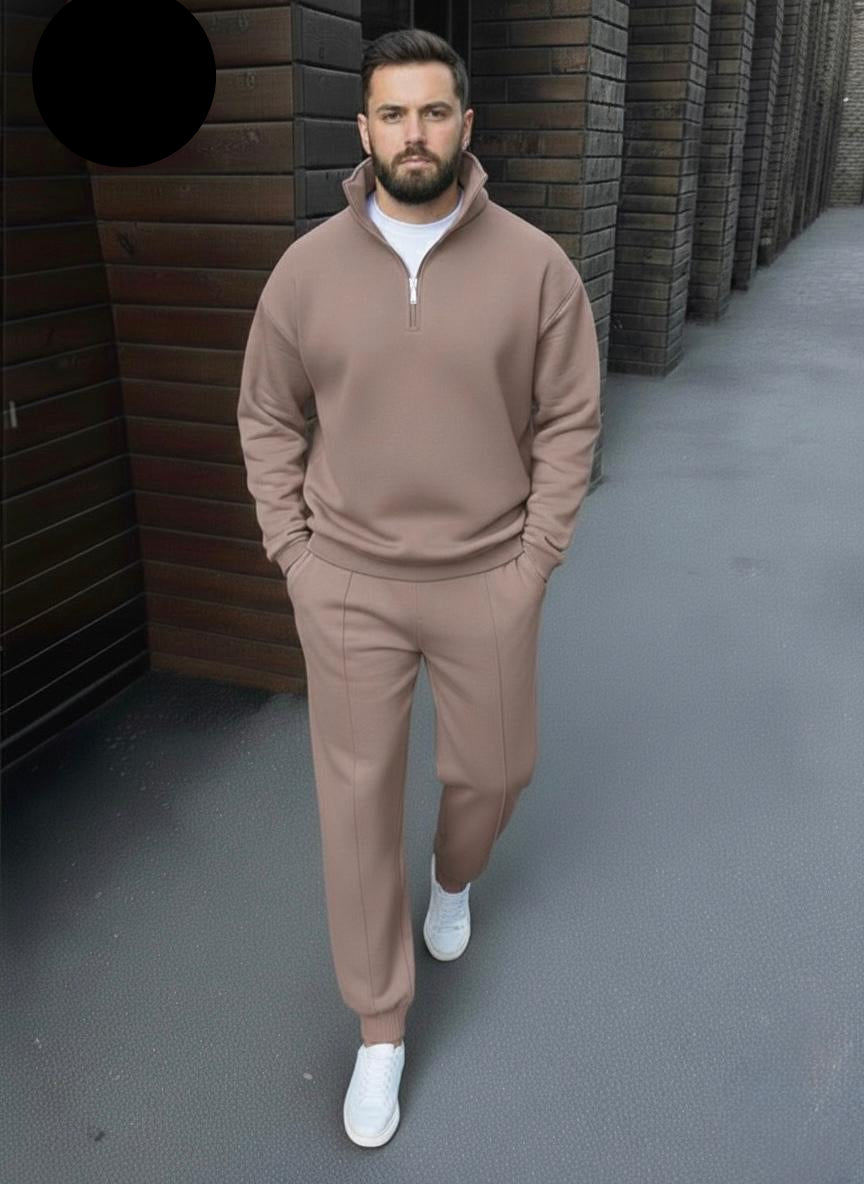 Zipper Mock Style Track Suit - Beige