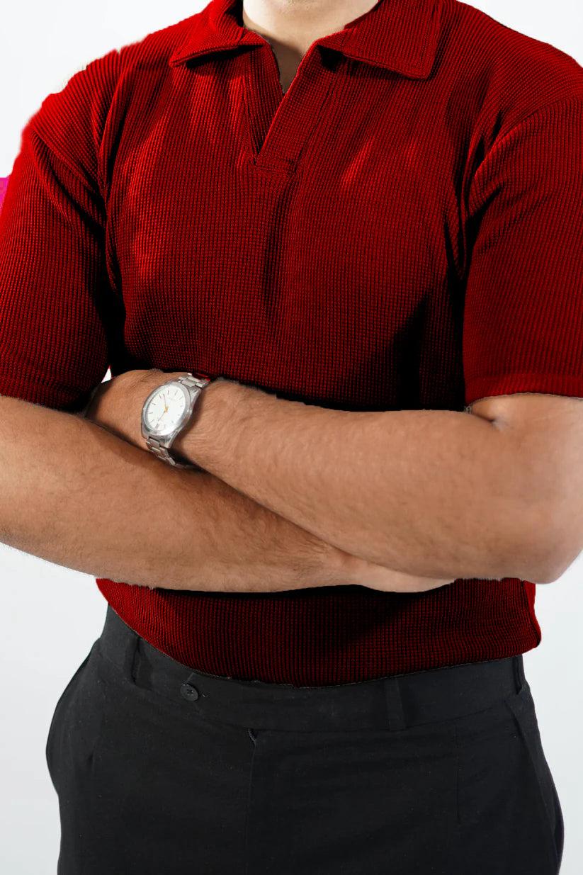 Waffle Knitted Polo - Maroon