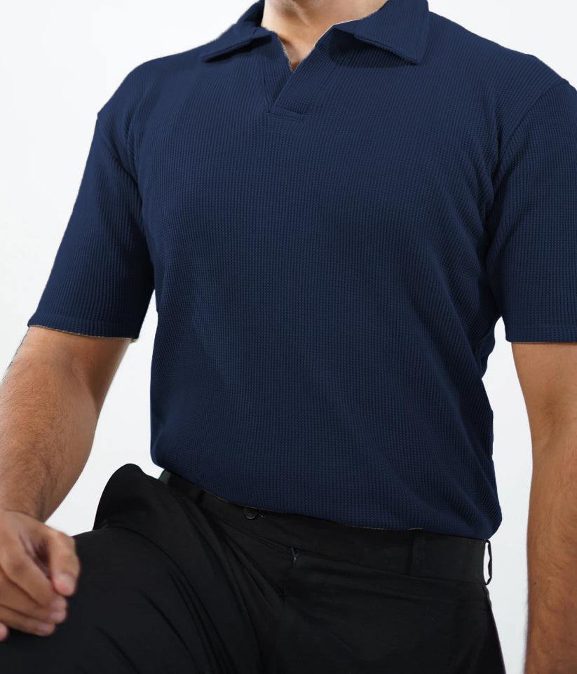 Waffle Knitted Polo - Navy