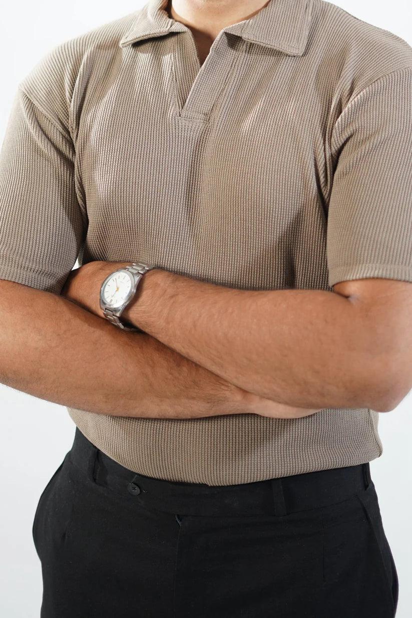 Waffle Knitted Polo - Beige