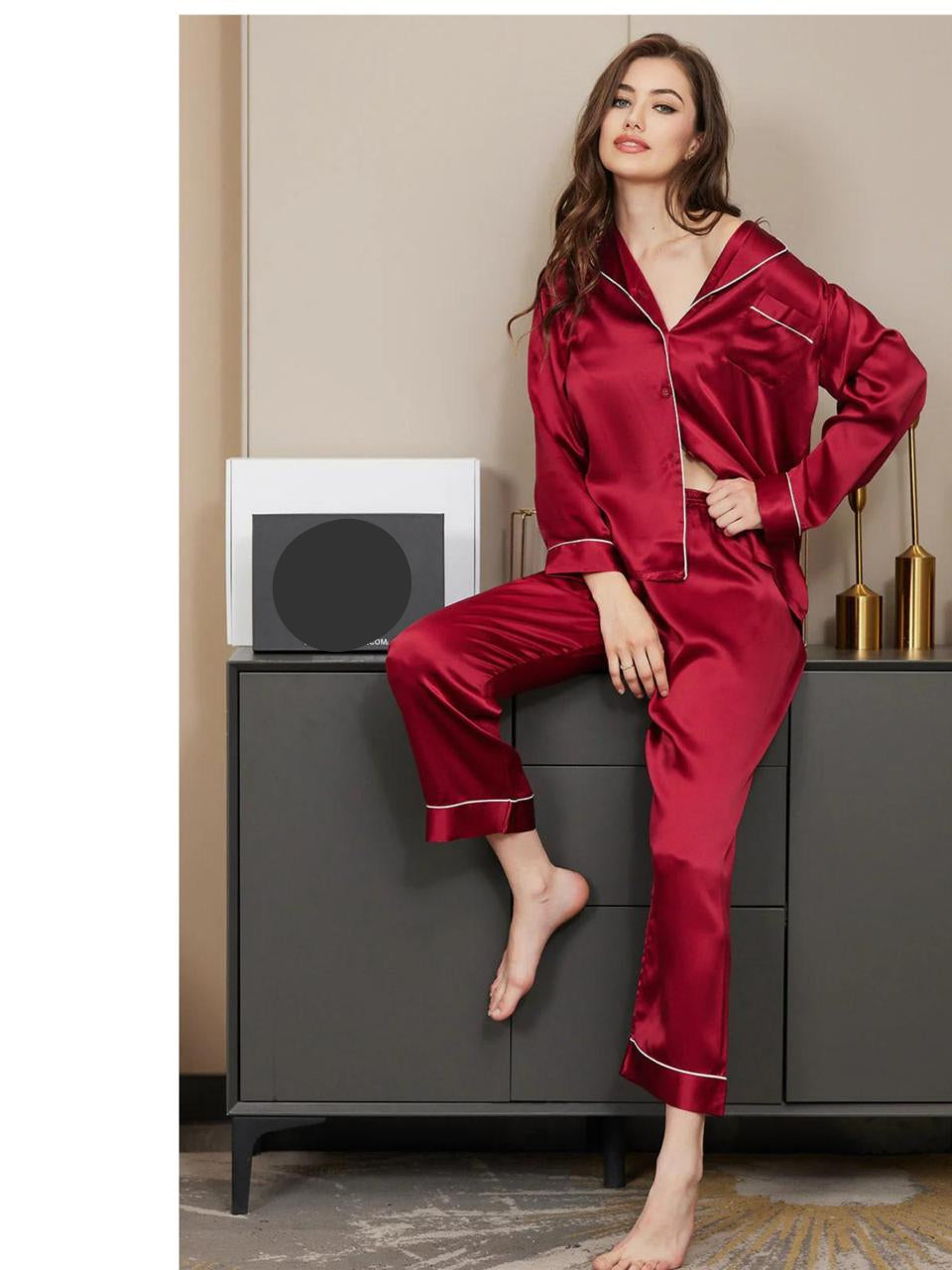 Silk Night Suit - Maroon