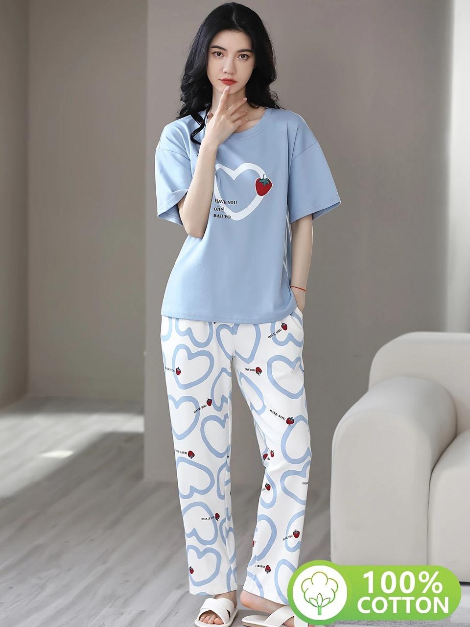 Strawberry Heart Printed PJ Suit - Blue