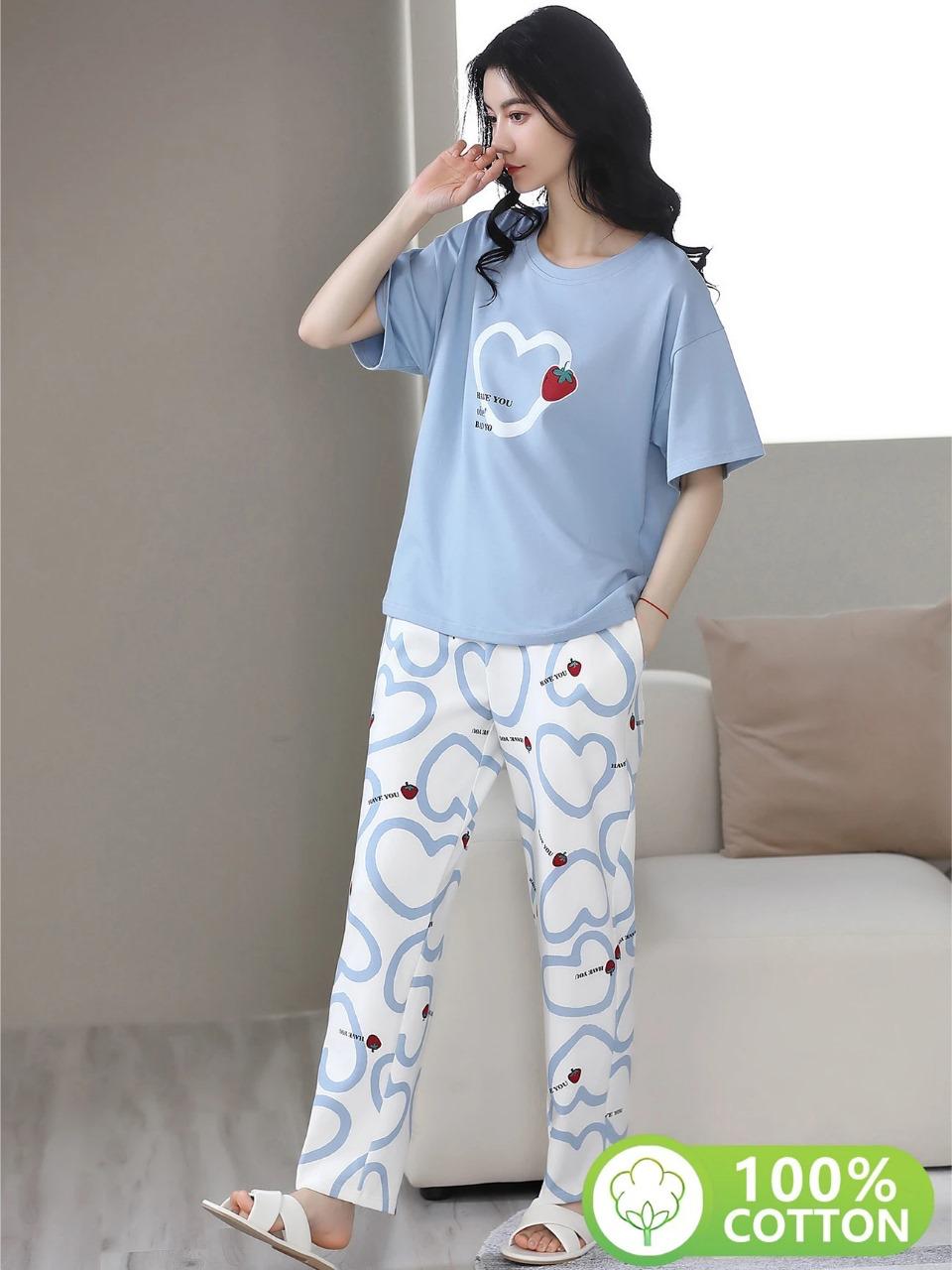 Strawberry Heart Printed PJ Suit - Blue